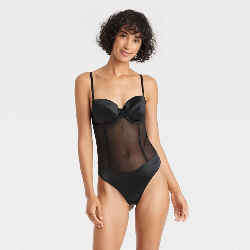 NEW Women's Satin and Mesh Lightly Lined Lingerie Bodysuit - Auden™ Black Large